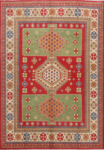 Vegetable Dye Geometric Red/Green Kazak Area Rug 8x10