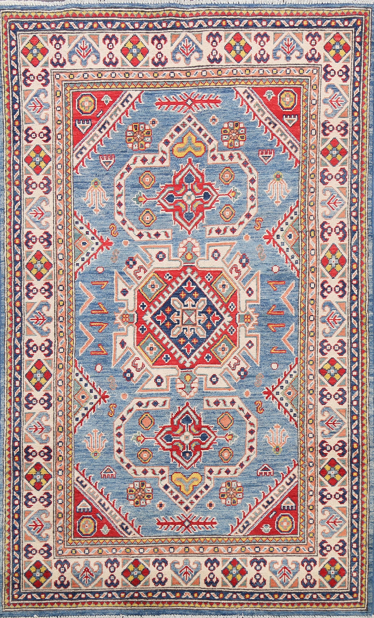Vegetable Dye Geometric Kazak Oriental Area Rug 4x6