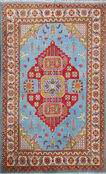 Geometric Blue Kazak Oriental Area Rug 3x5