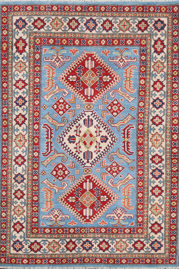 Geometric Blue Kazak Oriental Area Rug 4x6