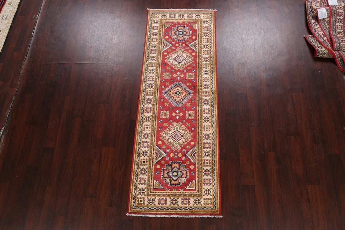 Geometric Red Kazak Oriental Runner Rug 3x8