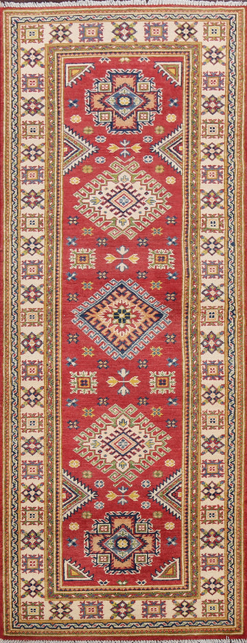 Geometric Red Kazak Oriental Runner Rug 3x8