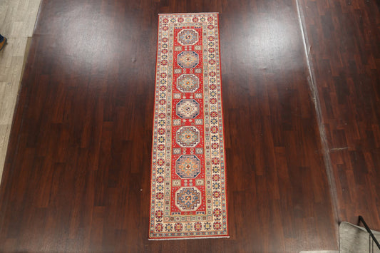 Geometric Red Kazak Oriental Runner Rug 3x10