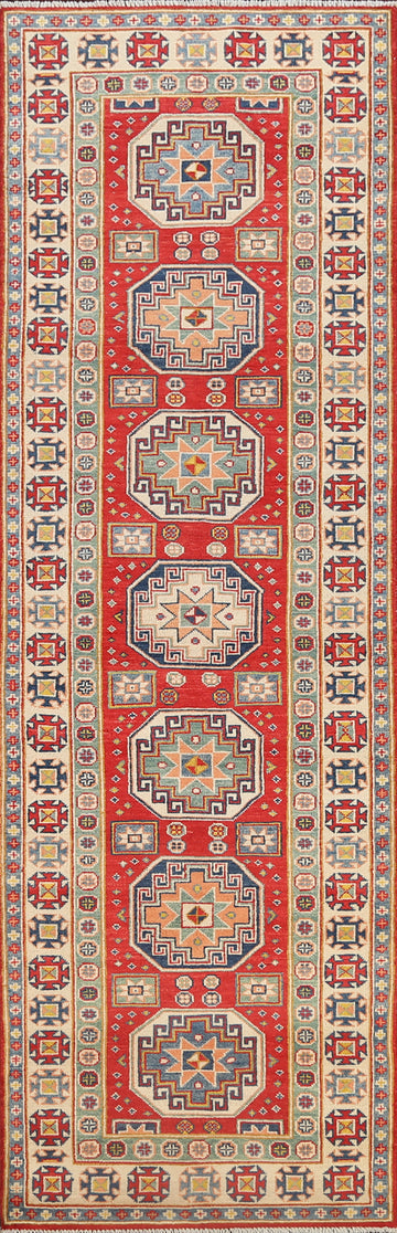 Geometric Red Kazak Oriental Runner Rug 3x10