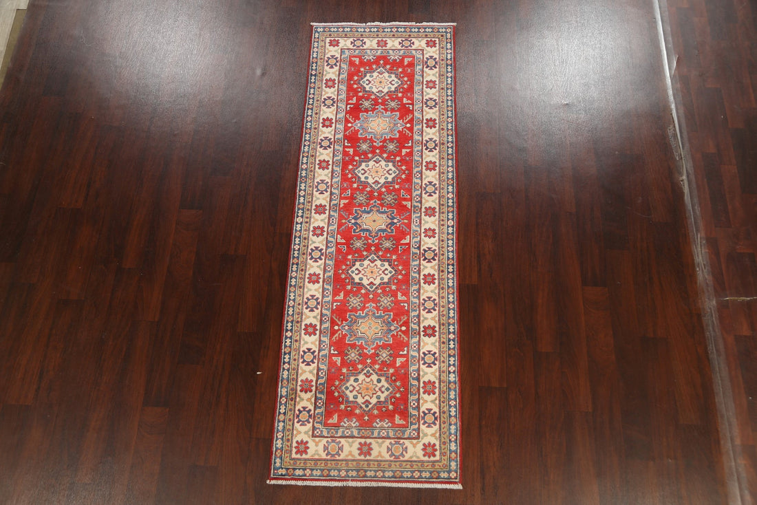 Geometric Red Kazak Oriental Runner Rug 3x8