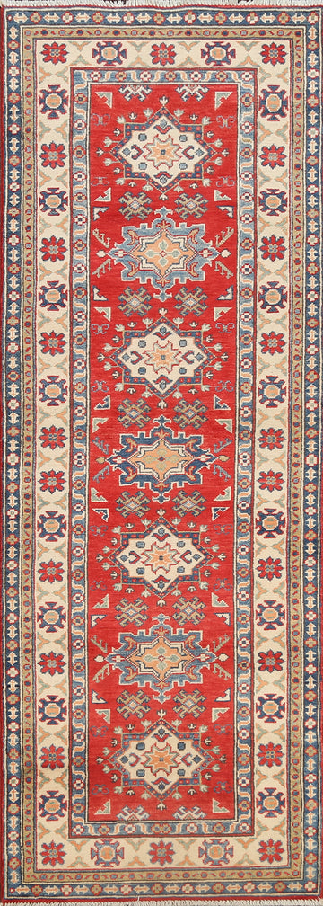 Geometric Red Kazak Oriental Runner Rug 3x8