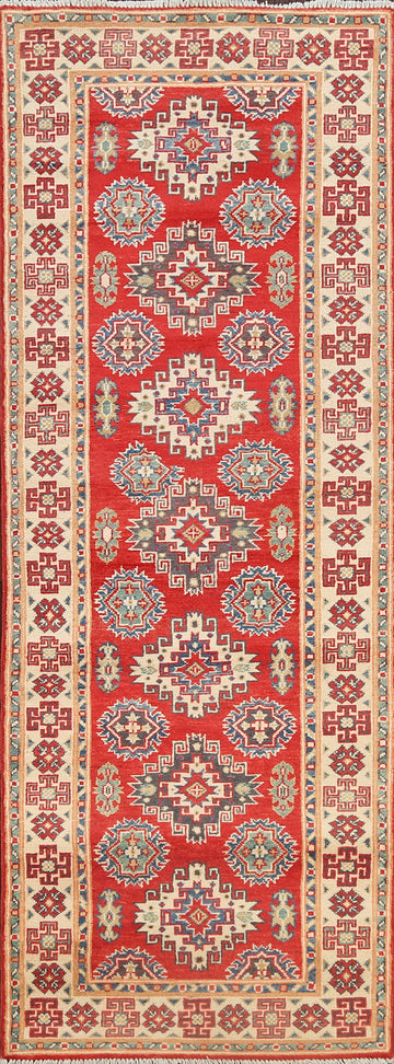 Geometric Red Kazak Oriental Runner Rug 3x8