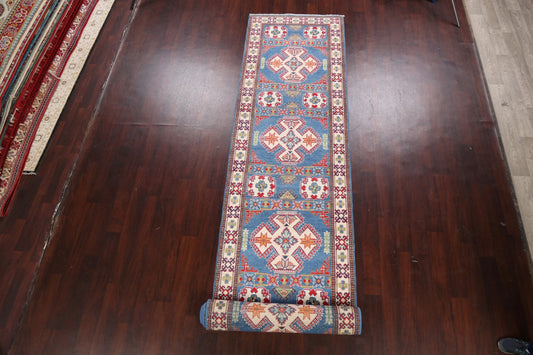 Geometric Blue Kazak Oriental Runner Rug 3x19