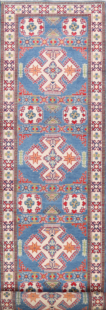 Geometric Blue Kazak Oriental Runner Rug 3x19