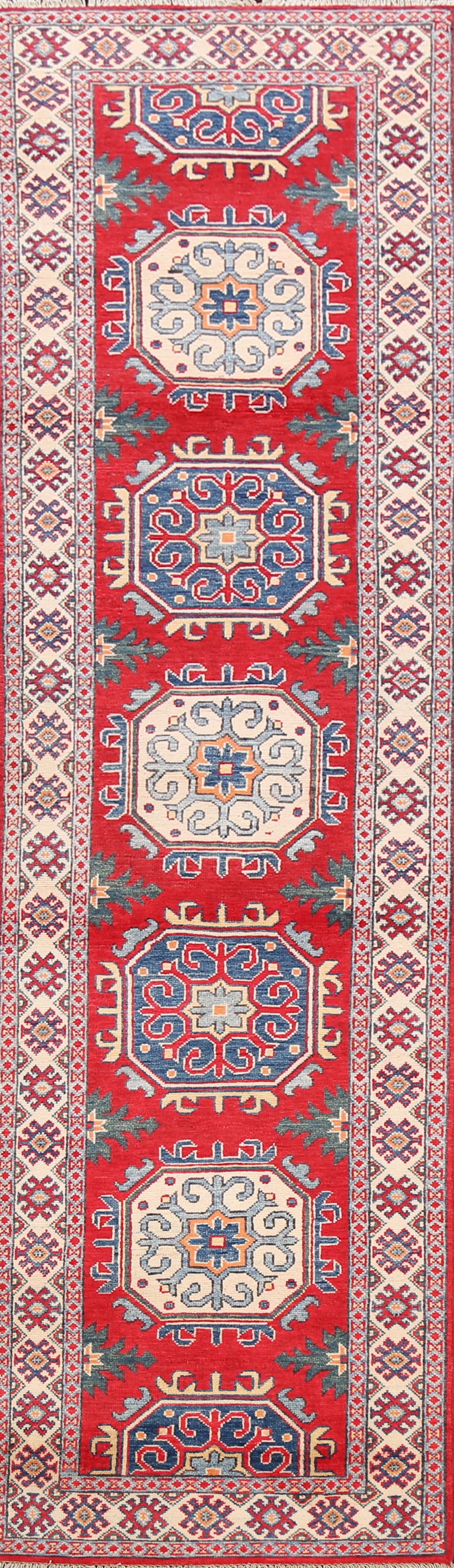 Geometric Red Kazak Oriental Runner Rug 3x10