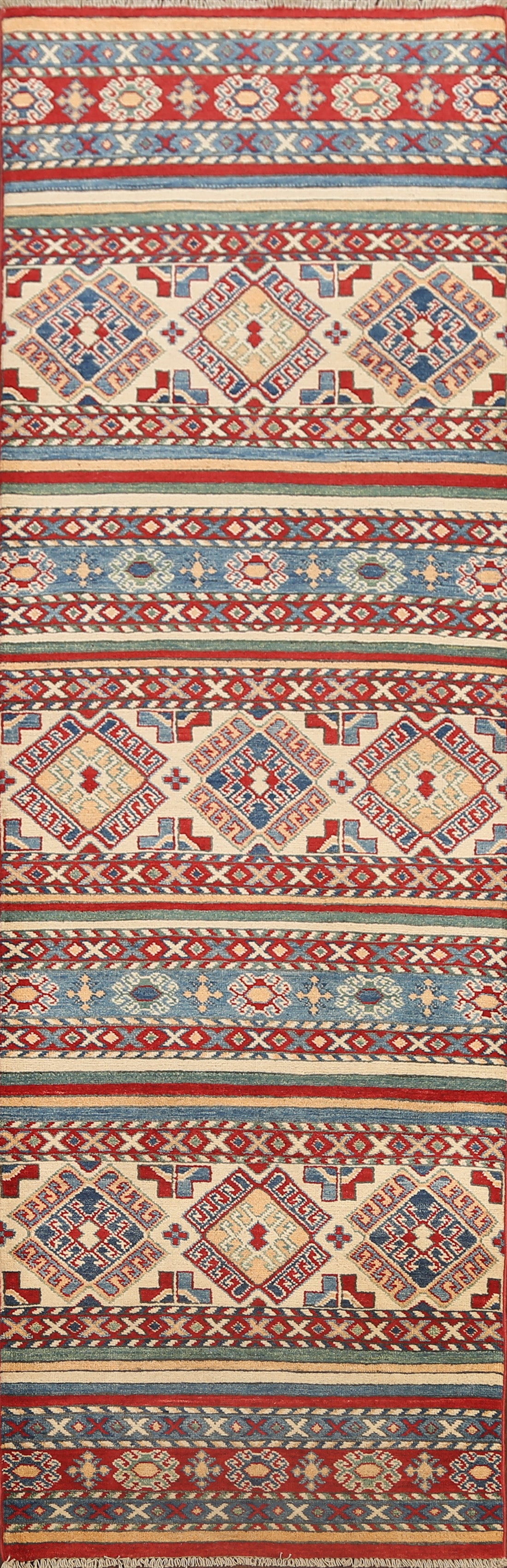 Geometric Kazak Oriental Runner Rug 3x10