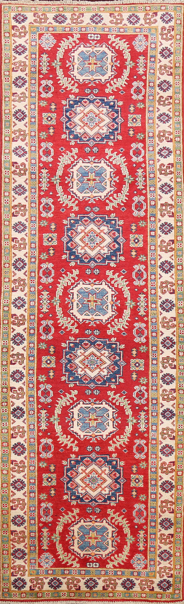 Geometric Red Kazak Oriental Runner Rug 3x10