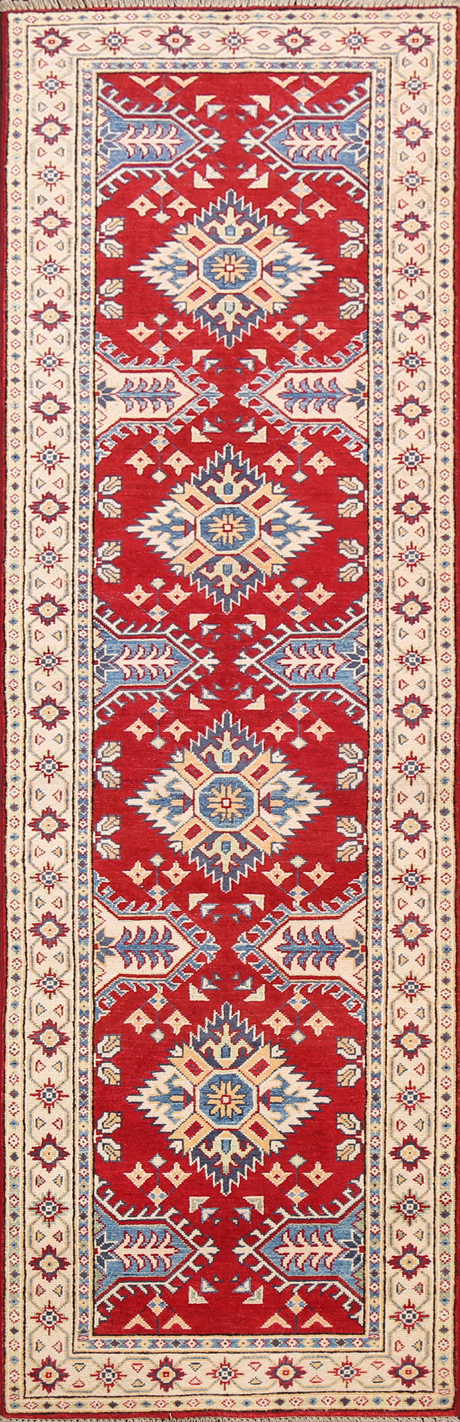 Geometric Red Kazak Oriental Runner Rug 3x9