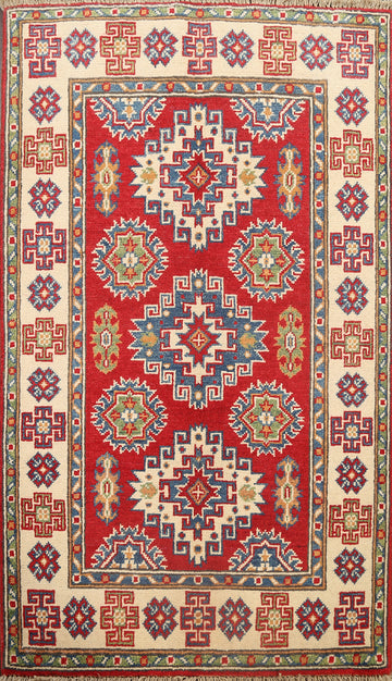 Geometric Red Kazak Oriental Area Rug 3x4