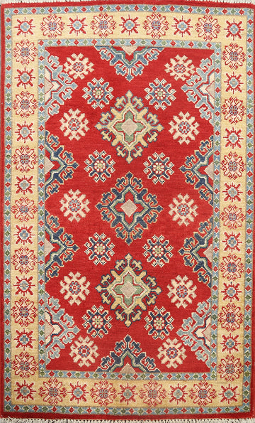 Red Geometric Kazak Oriental Area Rug 3x4