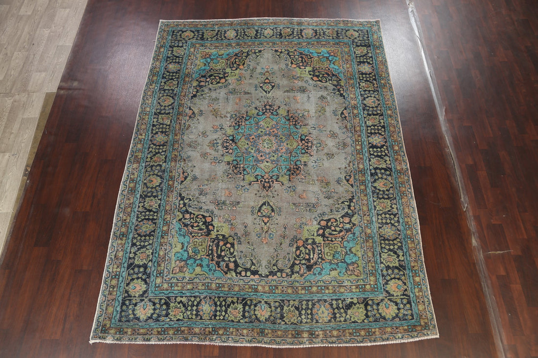 Distressed Floral Mashad Persian Area Rug 8x11