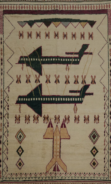 Artistic Moroccan Rug Displaying Geometric and Aviation Symbols 9x13