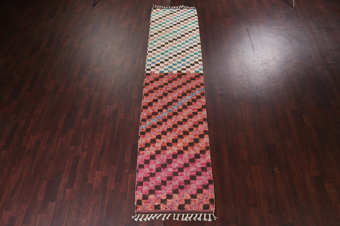 Checkered Moroccan Handmade Runner Rug 3x13
