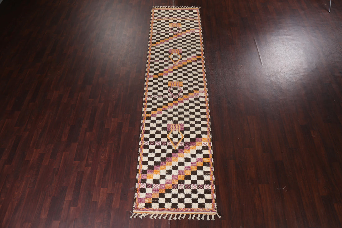 Checkered Moroccan Handmade Runner Rug 3x13