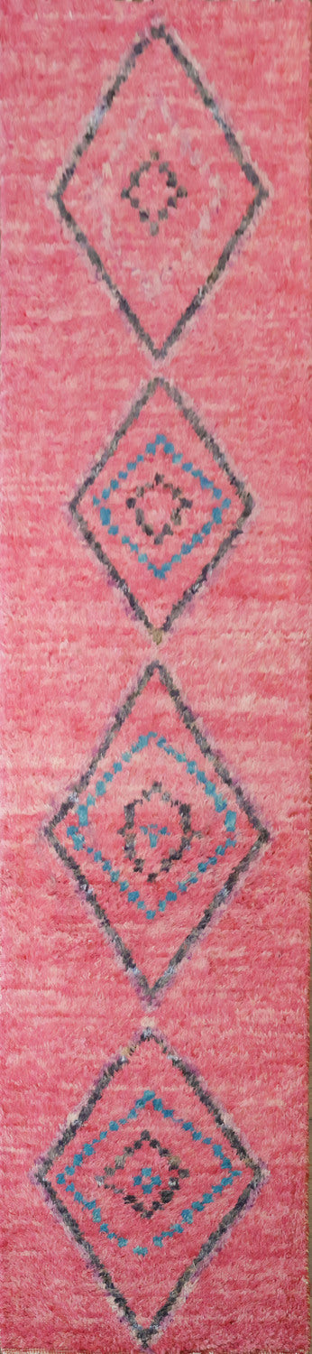 Vibrant Geometric Pink Runner Rug with Blue Accents 3x13 ft