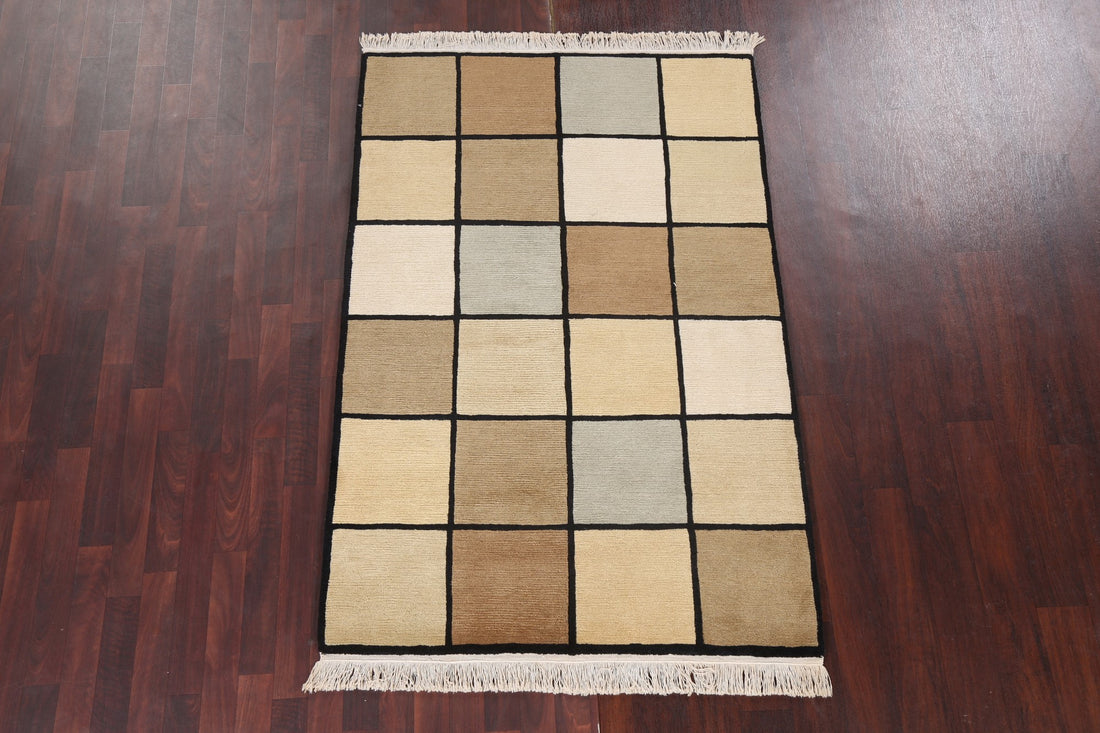 Vegetable Dye Earth-Tone Nepalese Checkered Area Rug 4x6