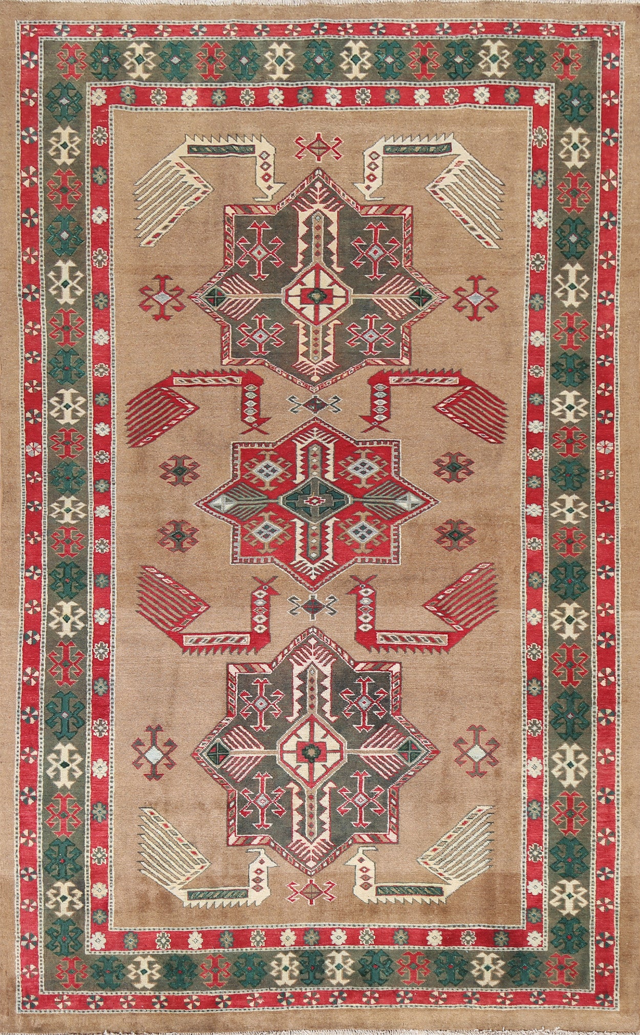 Brown Geometric Kazak Oriental Wool Rug 6x8