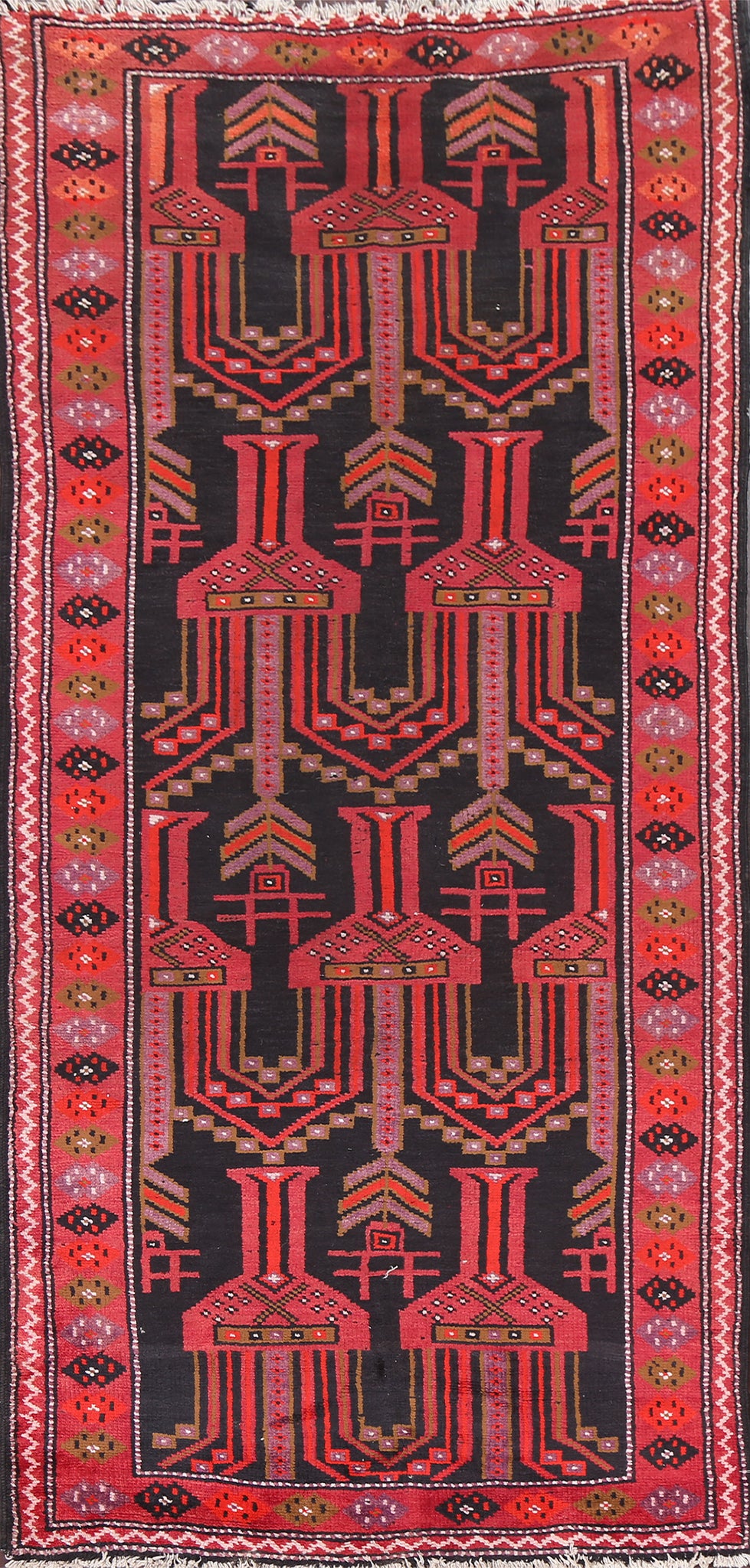 Vintage Black & Red Balouch Persian Wool Rug 4x8