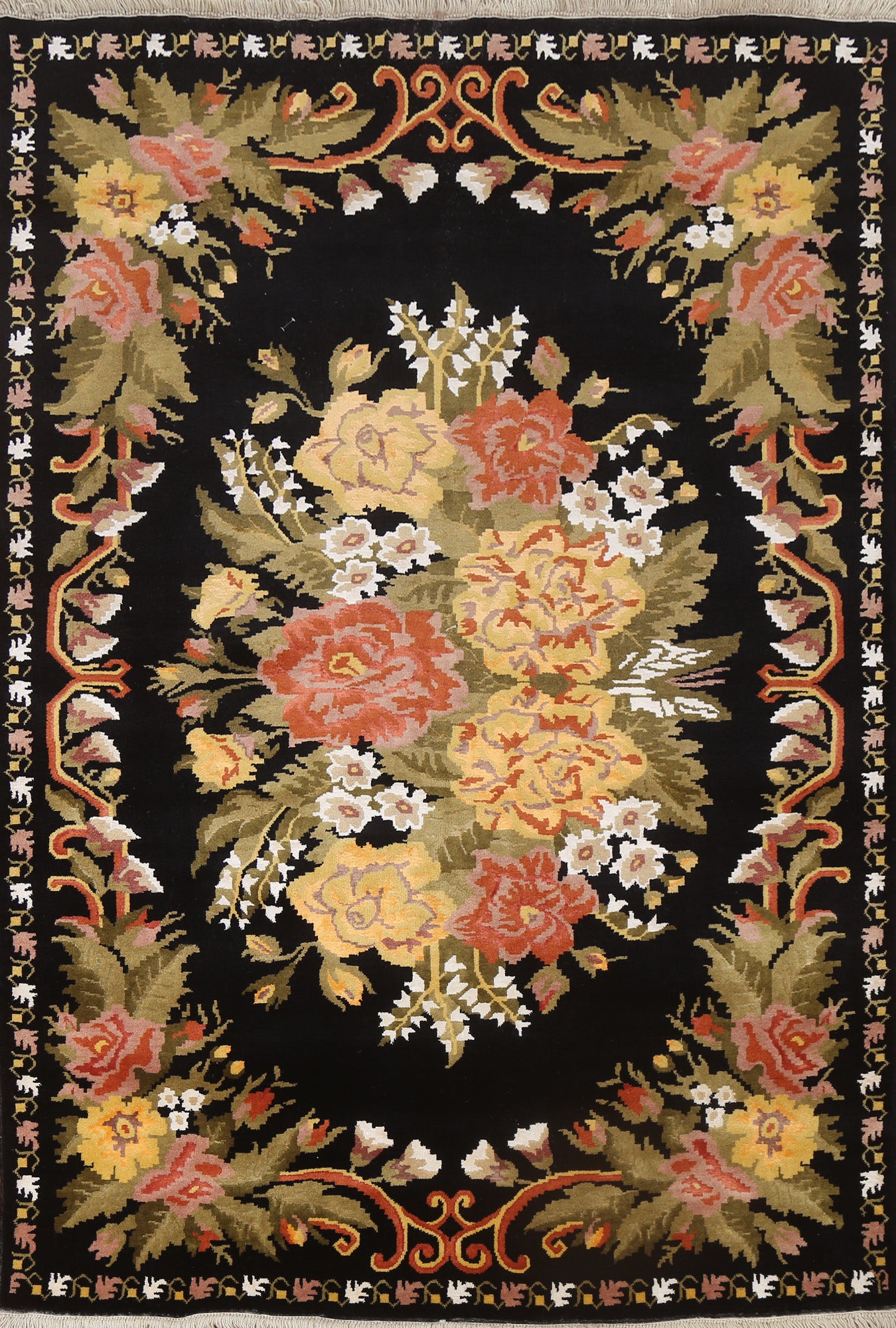 Vegetable Dye Black Aubusson Oriental Wool Rug 6x8