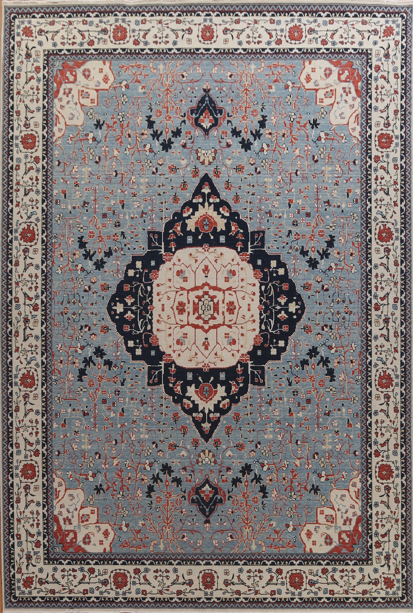 Light Blue Floral Kashan Mohtasham Oriental Wool Rug 10x13