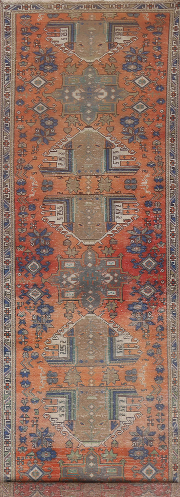 Hand-Knotted Wool Heriz Persian Runner Rug 4x14