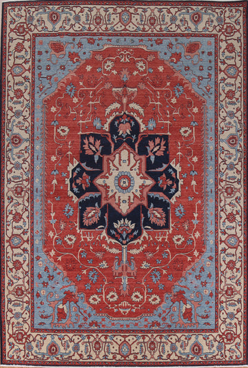 Hand-Knotted Red Heriz Serapi Turkish Wool Rug 9x12