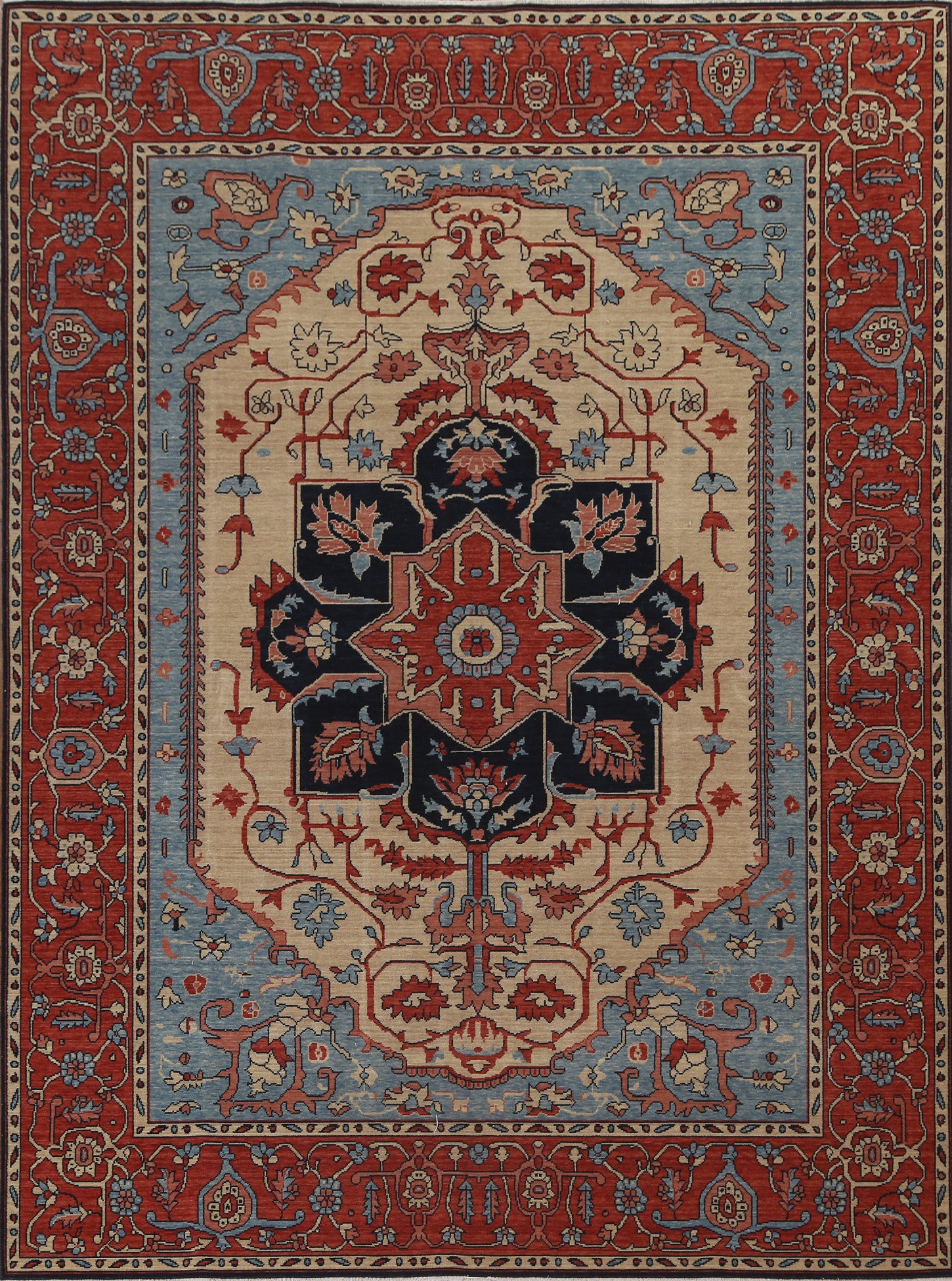 Geometric Hand-Knotted Heriz Serapi Turkish Wool Rug 8x10