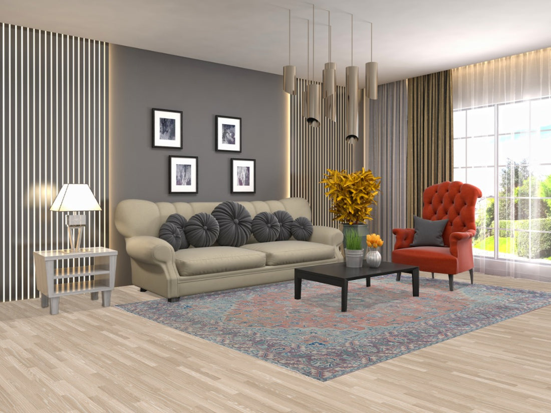 Vintage Geometric Tabriz Persian Area Rug 7x9