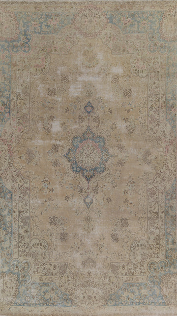 Muted Vintage Distressed Kerman Persian Area Rug 7x12