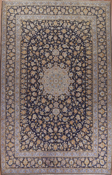 Large Navy Blue Floral Kashan Persian Rug 11x16