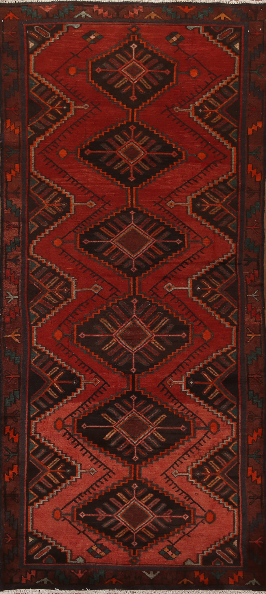 Red Geometric Hamedan Persian Runner Rug 4x9