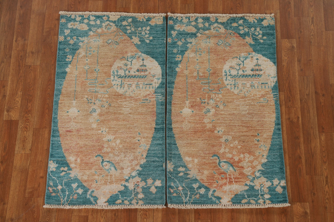 Vegetable Dye Set of 2 Art Deco Oriental Rugs 2x4