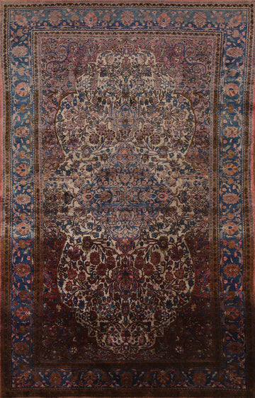 100% Silk Pre-1900 Antique Kashan Mohtasham Persian Rug 4x7