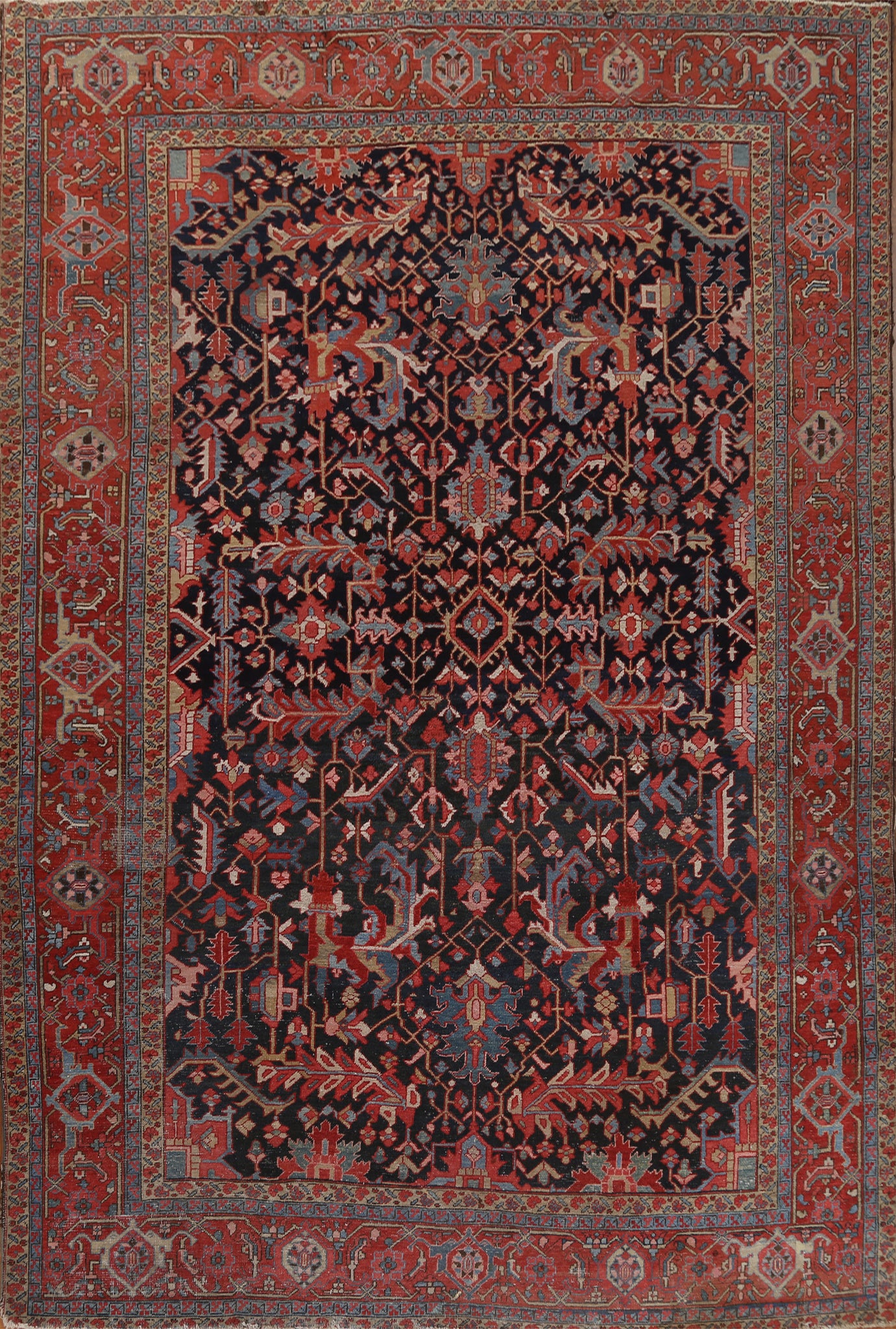 Pre-1900 Antique Vegetable Dye Heriz Serapi Persian Area Rug 9x12