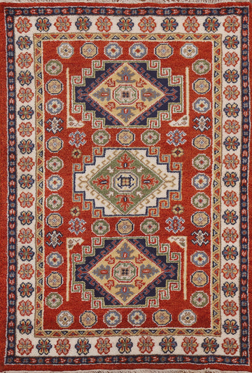 Hand-Knotted Wool Kazak Oriental Area Rug 4x6