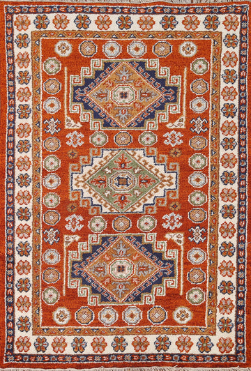 Orange Geometric Kazak Oriental Area Rug 4x6