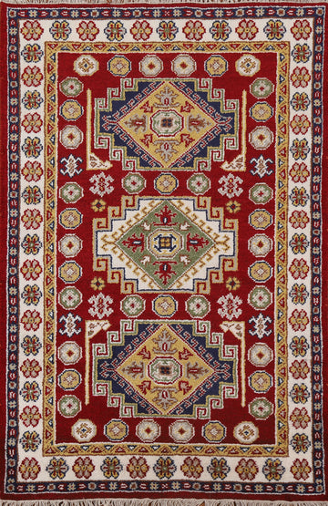 Red Geometric Kazak Oriental Area Rug 4x6