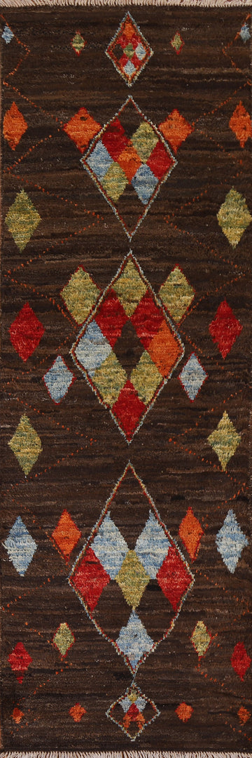 Dark Brown Moroccan Geometric Runner Rug 3x10