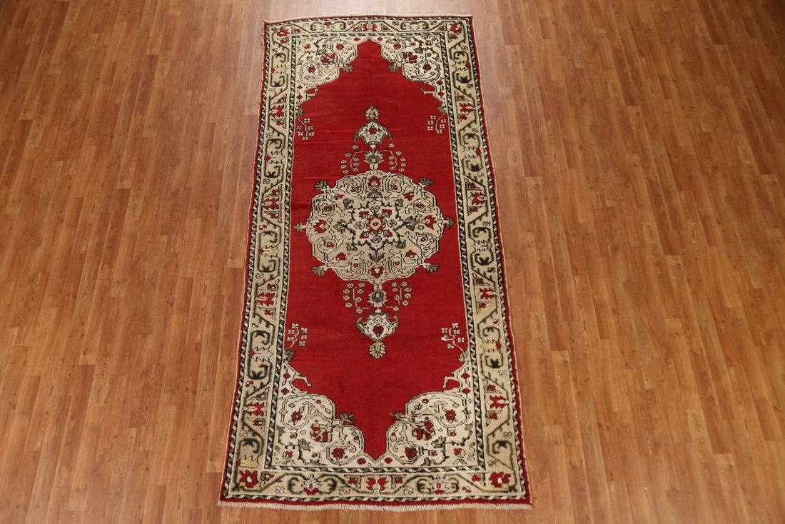 Red Wool Anatolian Turkish Runner Rug 4x10