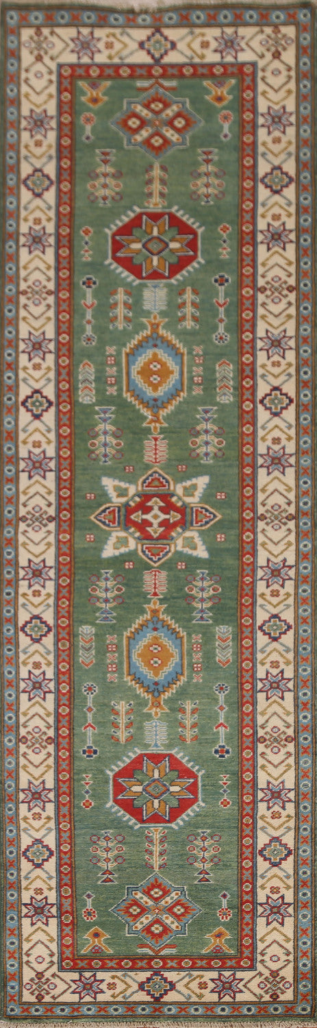 Green Wool Kazak Pakistani Runner Rug 3x10