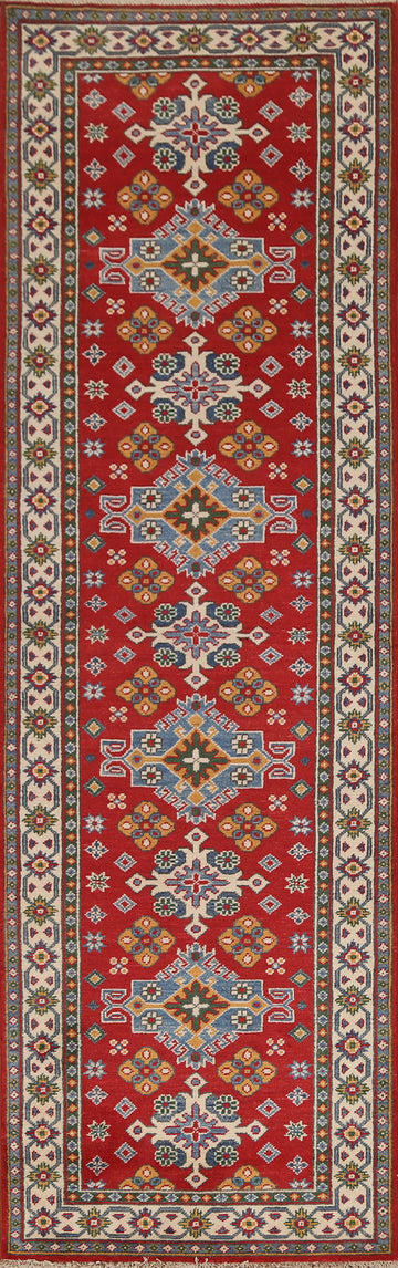 Geometric Red Kazak Handmade Runner Rug 3x10