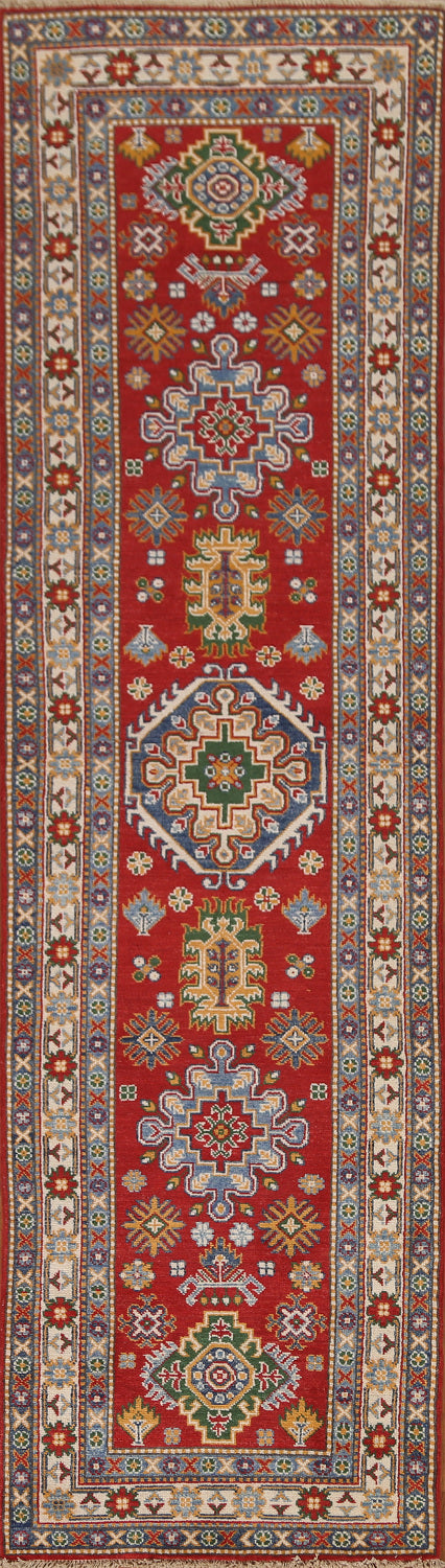 Red Geometric Kazak Handmade Runner Rug 3x10