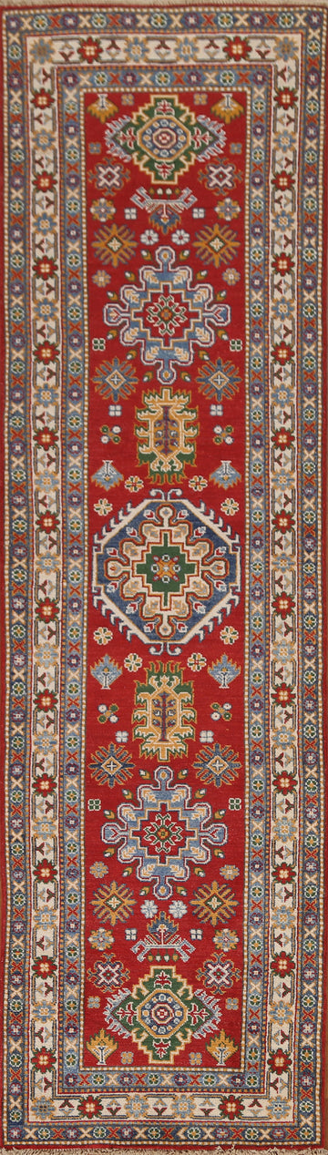 Red Geometric Kazak Handmade Runner Rug 3x10