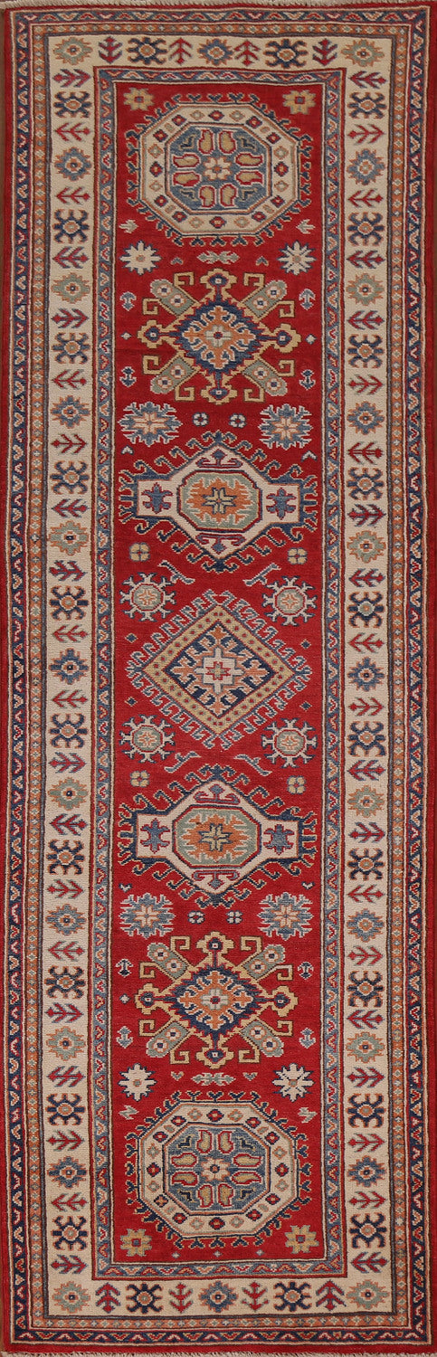 Red Wool Kazak Geometric Runner Rug 3x9