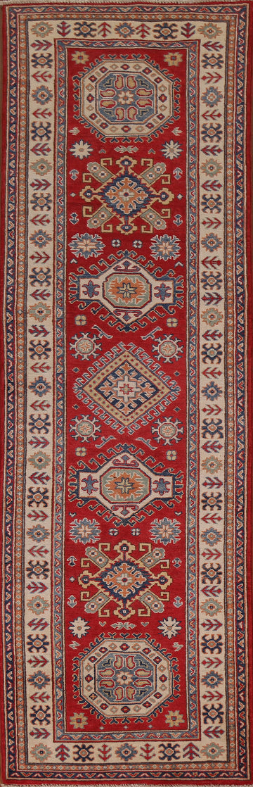 Red Wool Kazak Geometric Runner Rug 3x9